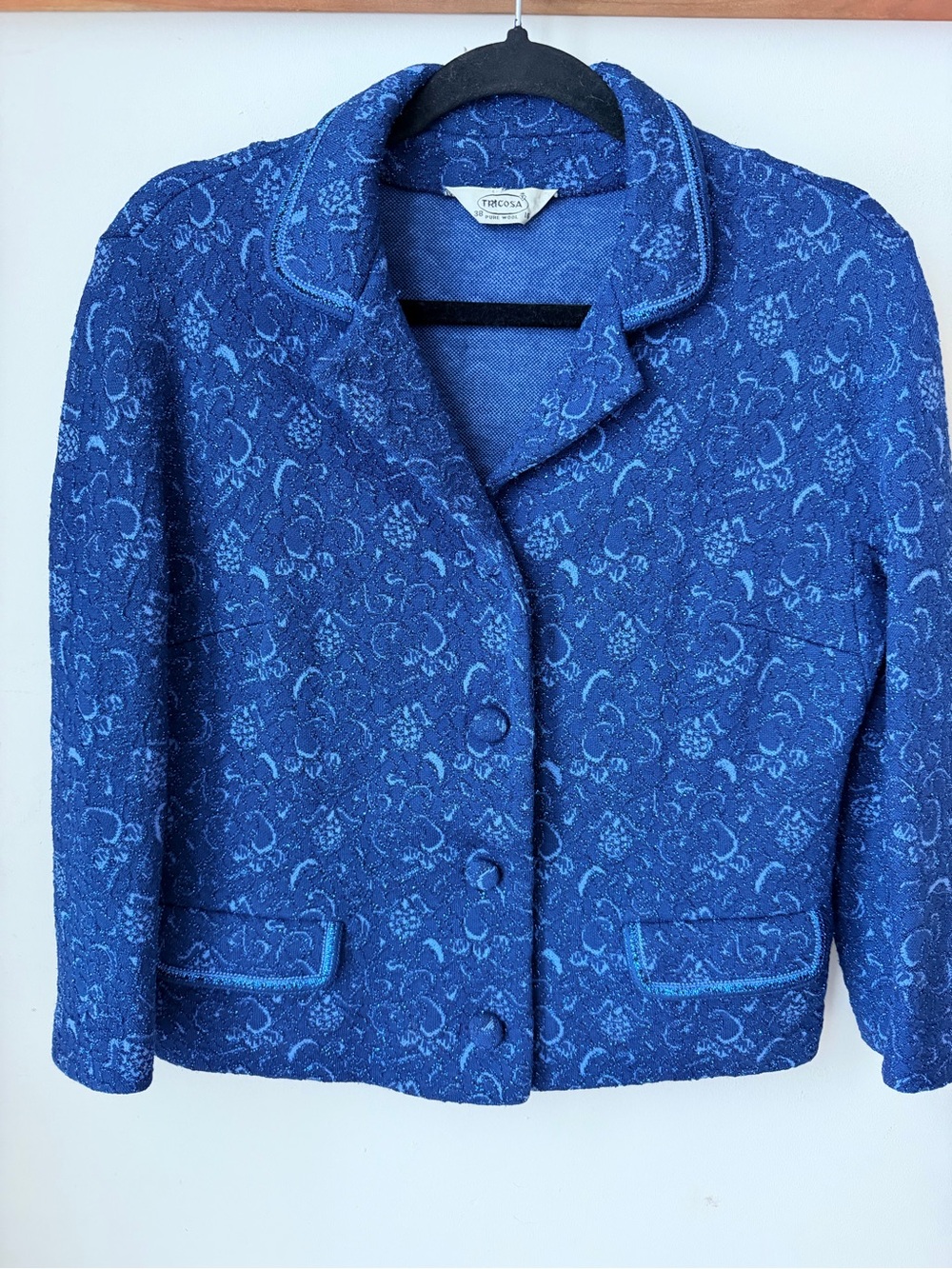 Vintage Tricosa Pure Wool Brocade Blazer Blue Metallic Jacquard